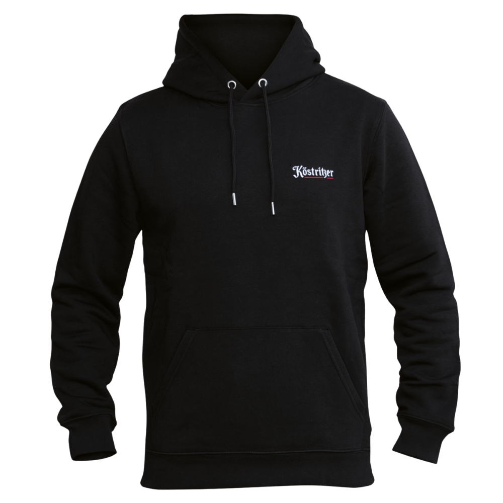 Schwarzer Hoodie mit weiß-rotem „Köstritzer“-Logo auf der linken Brust, Kängurutasche und verstellbarer Kapuze mit Kordelzug