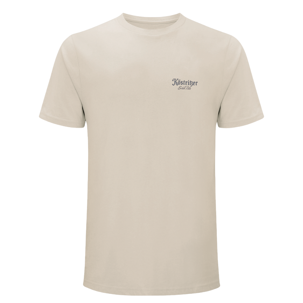 Beigefarbenes T-Shirt mit kleinem "Köstritzer schwarz"-Logo auf der rechten Brustseite